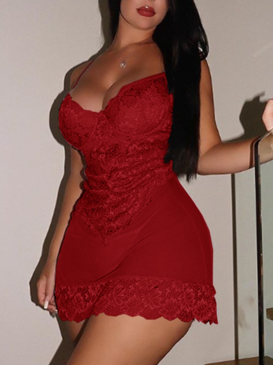 

Lovely Sexy Lace Patchwork Red Plus Size Babydoll