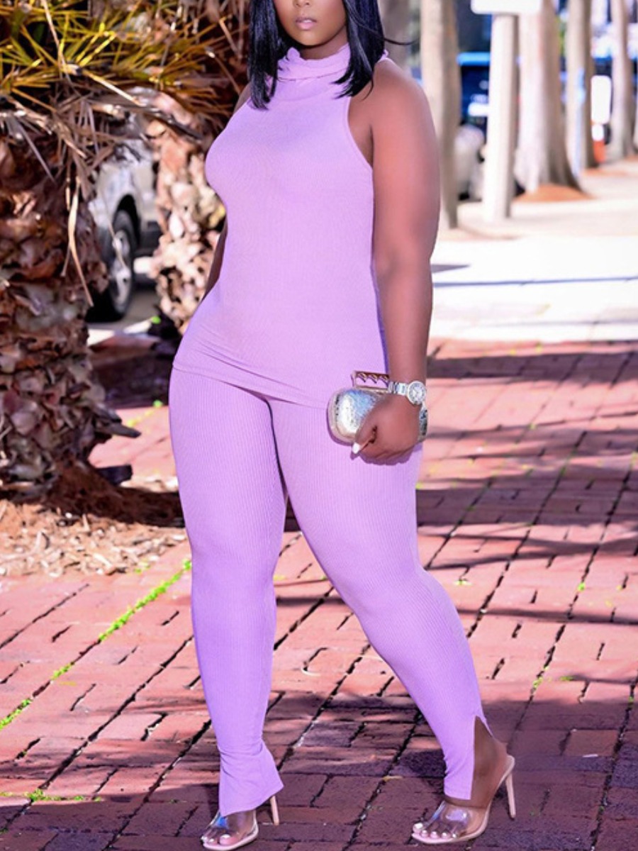 

Lovely Plus Size Street Turtleneck Elastic Purple Two-piece Pants Set