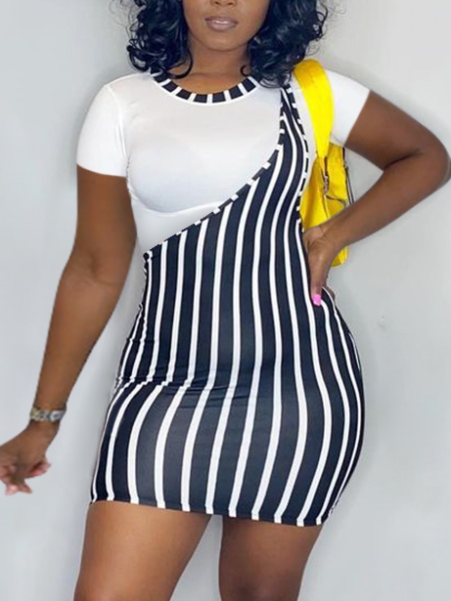 

Lovely Casual O Neck Striped Black Two Piece Dress Set