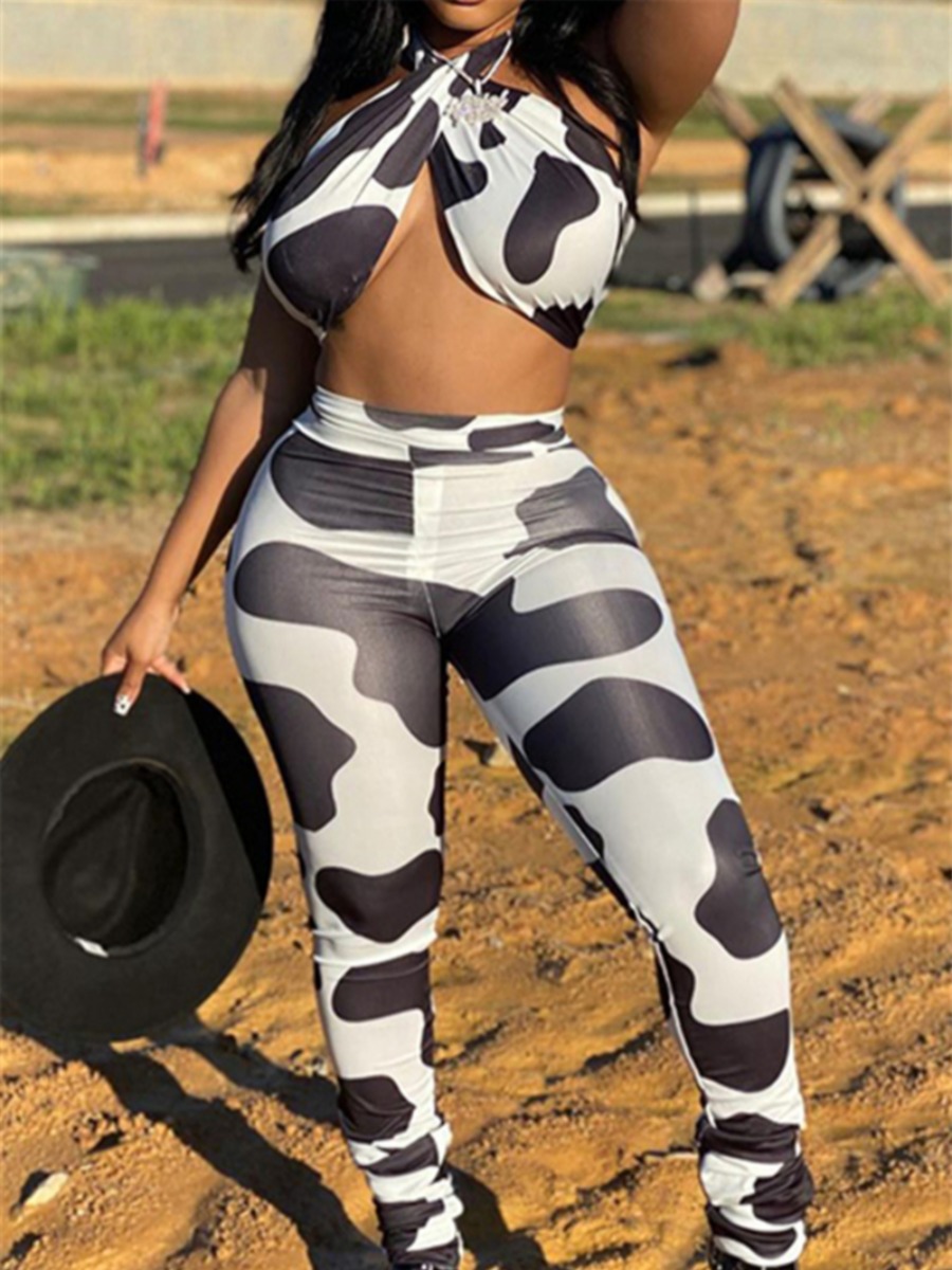 

Lovely Sexy Cow Print Criss Cross White Two Piece Pants Set