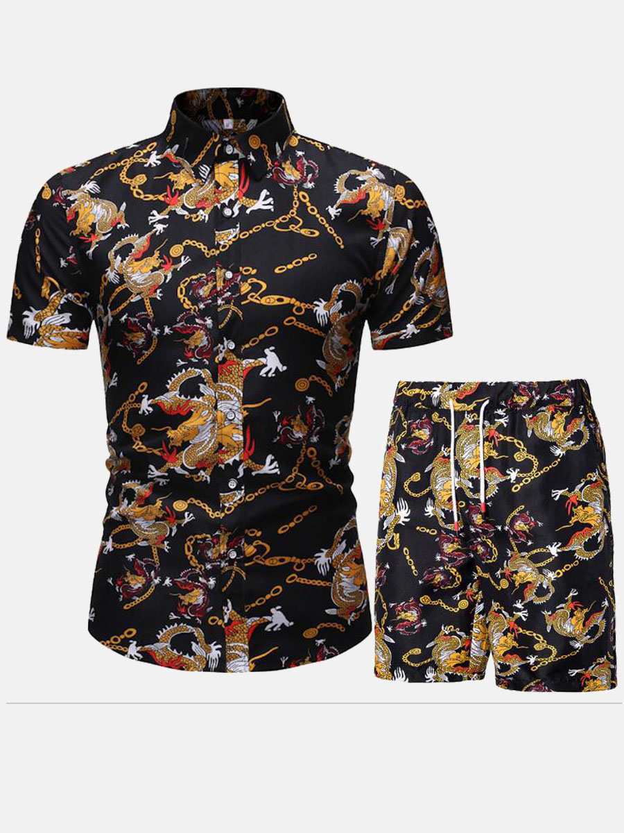 

Lovely Men Boho Dragon Print Drawstring Black Two Piece Shorts Set