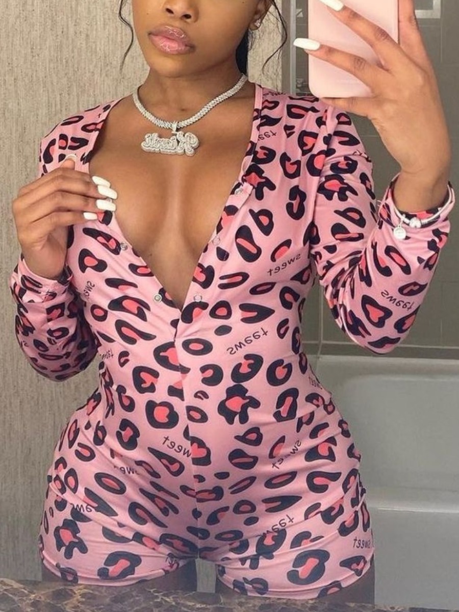 

Lovely Casual V Neck Leopard Print Pink One-piece Romper