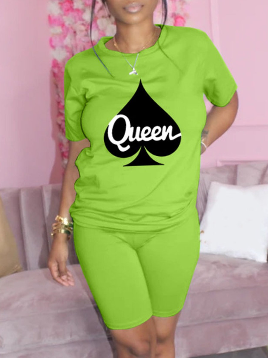 

Lovely Casual O Neck Letter Print Green Two Piece Shorts Set