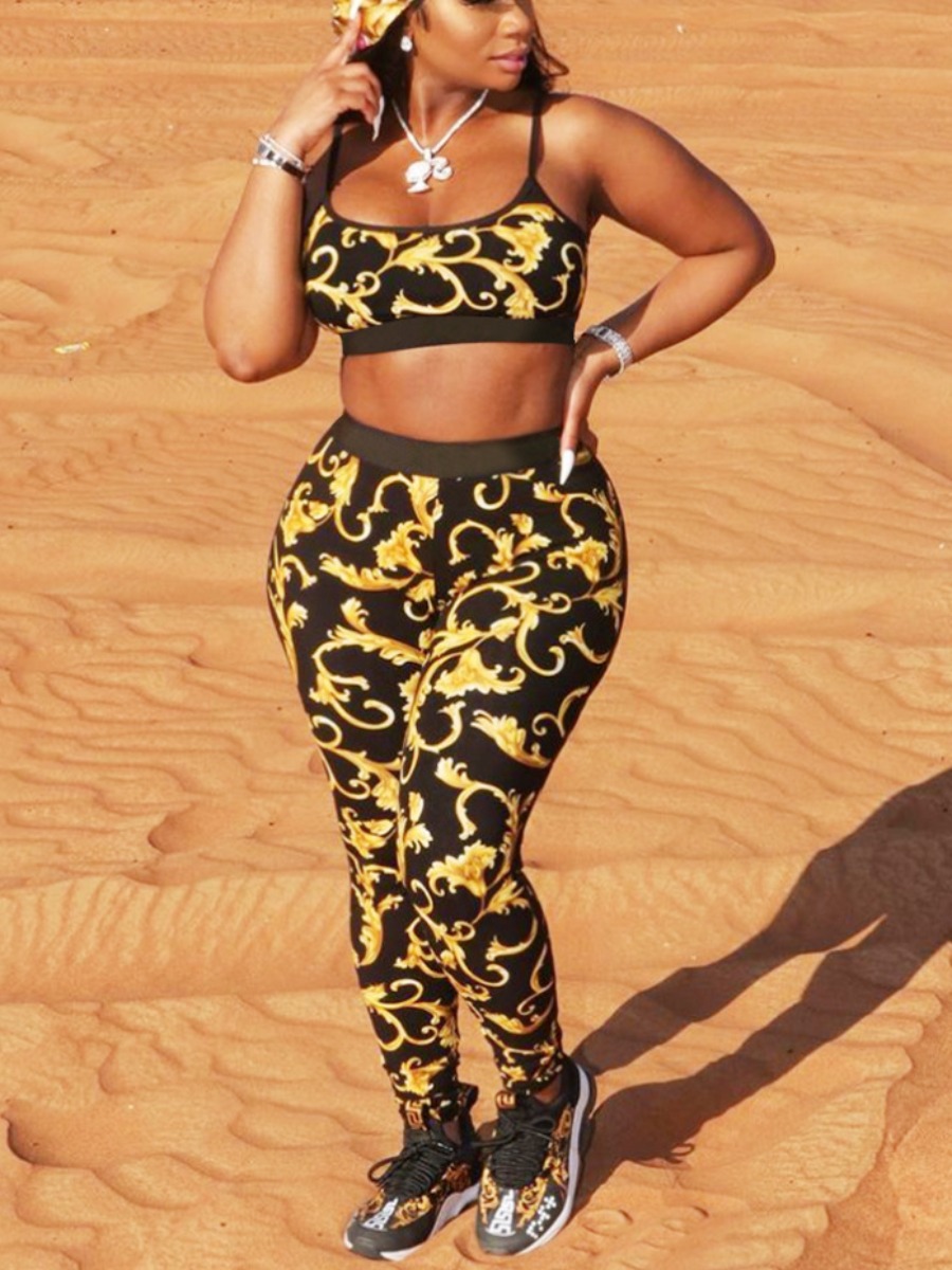 

Lovely Sporty Floral Print Patchwork Black Two Piece Pants Set