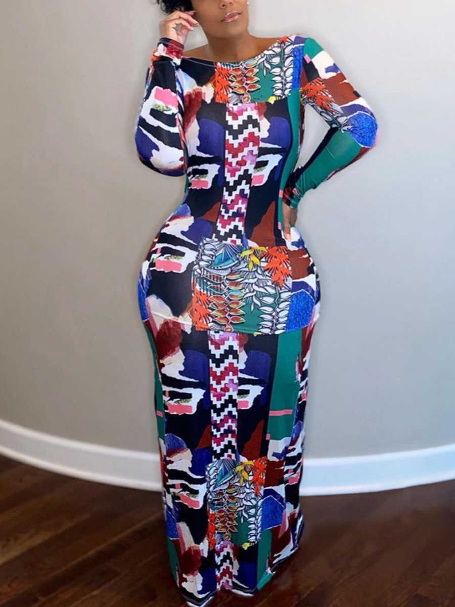 

Lovely Sweet Backless Print Multicolor Floor Length Dress, Multi
