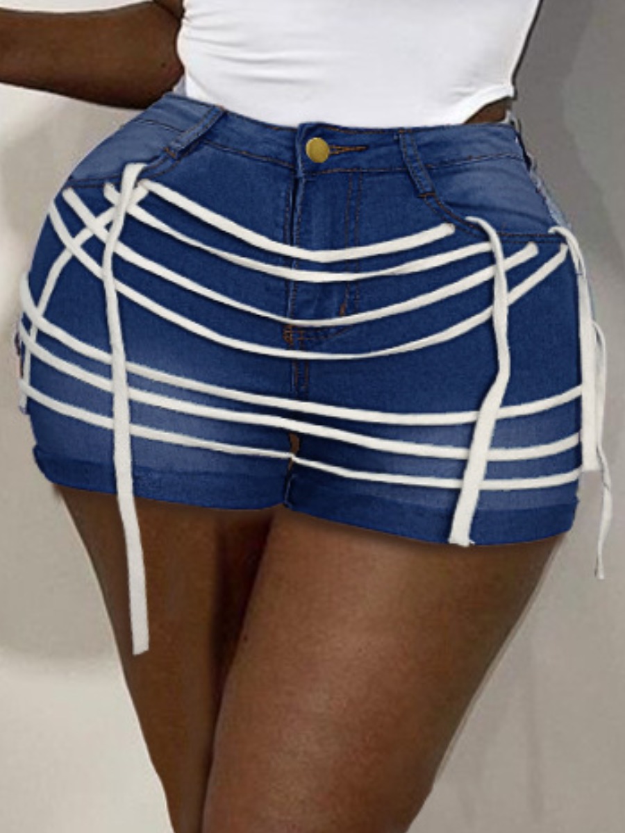 

Lovely Casual High-waisted Bandage Design Deep Blue Denim Shorts