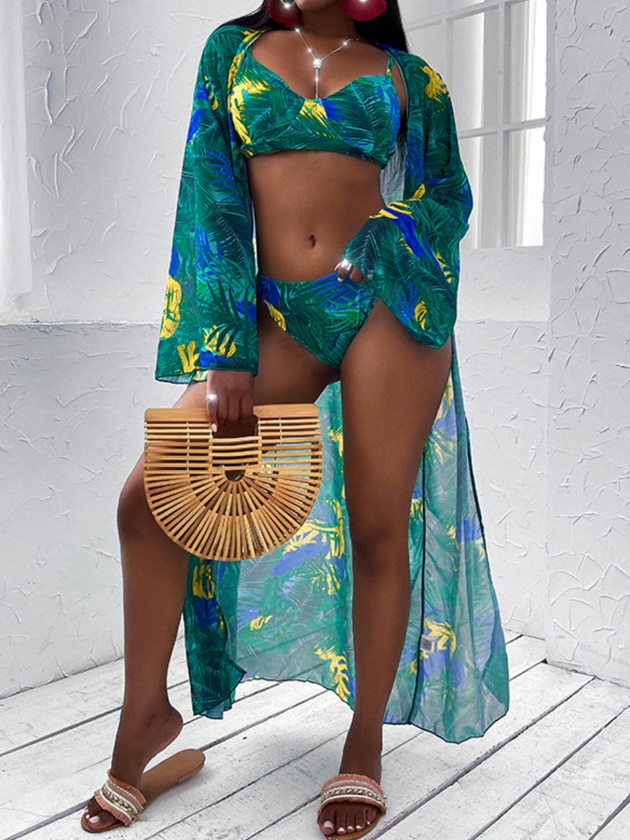 

Lovely Boho Floral Print Patchwork Green Three-piece Swimsuit
