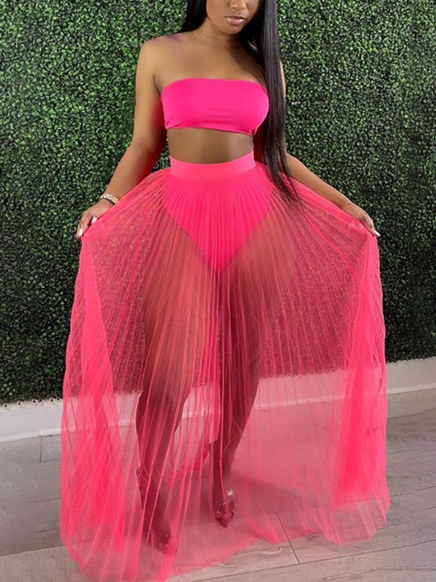 

LW See-through Pleated Cover-up, Rose red