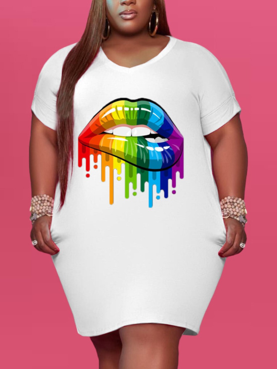 

Lovely Plus Size Street V Neck Lip Print White Mini Dress
