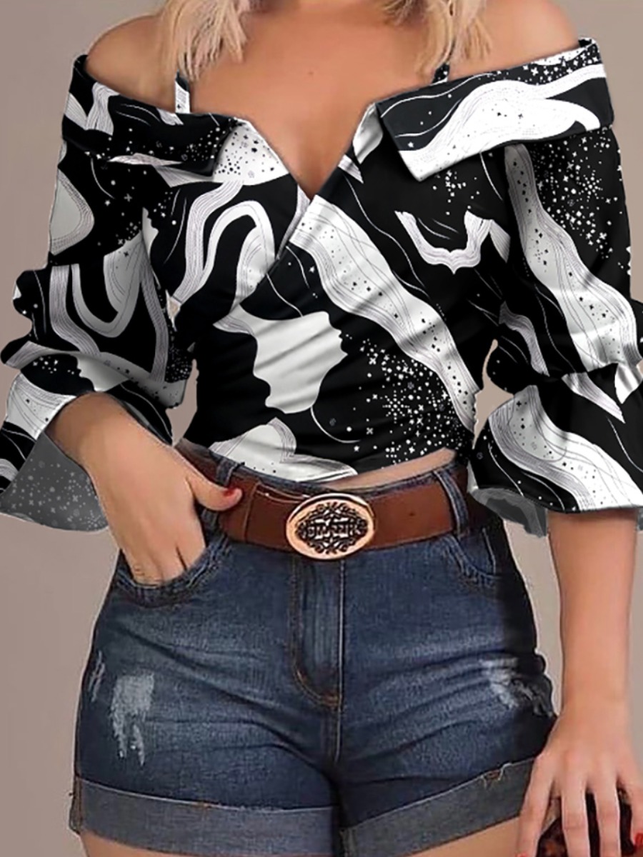 

Lovely Street Off The Shoulder Print Patchwork Black Blouse