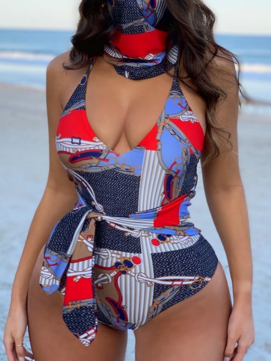 

Lovely Boho Backless Bandage Design Blue One-piece Swimsuit