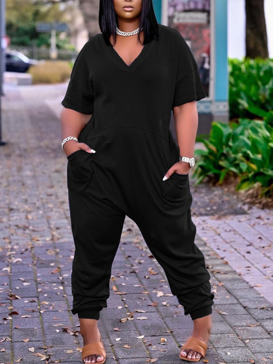 

LW Plus Size Casual V Neck Pocket Design Black One-piece Jumpsuit