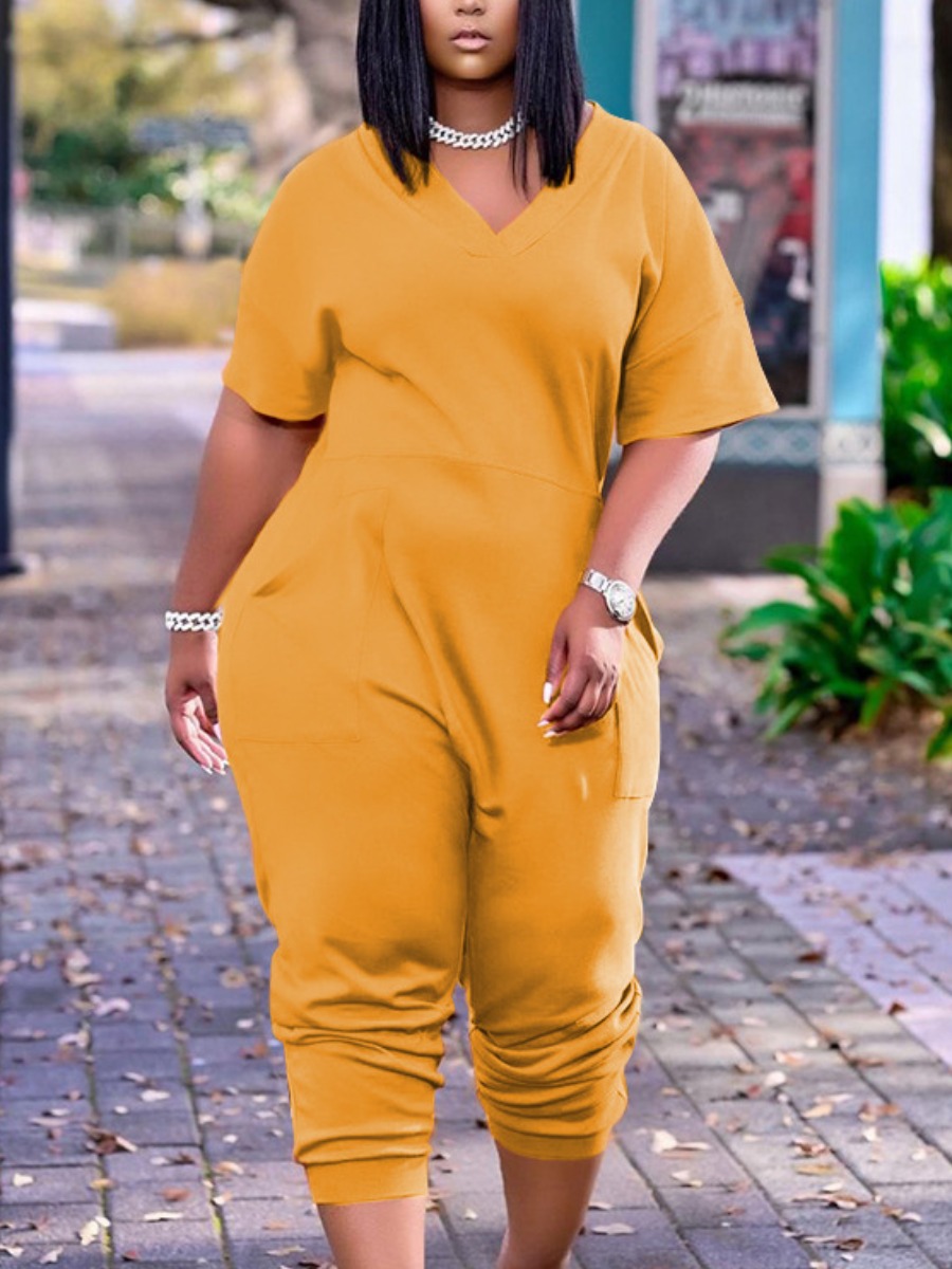 

LW Plus Size Casual V Neck Pocket Design Yellow One-piece Jumpsuit