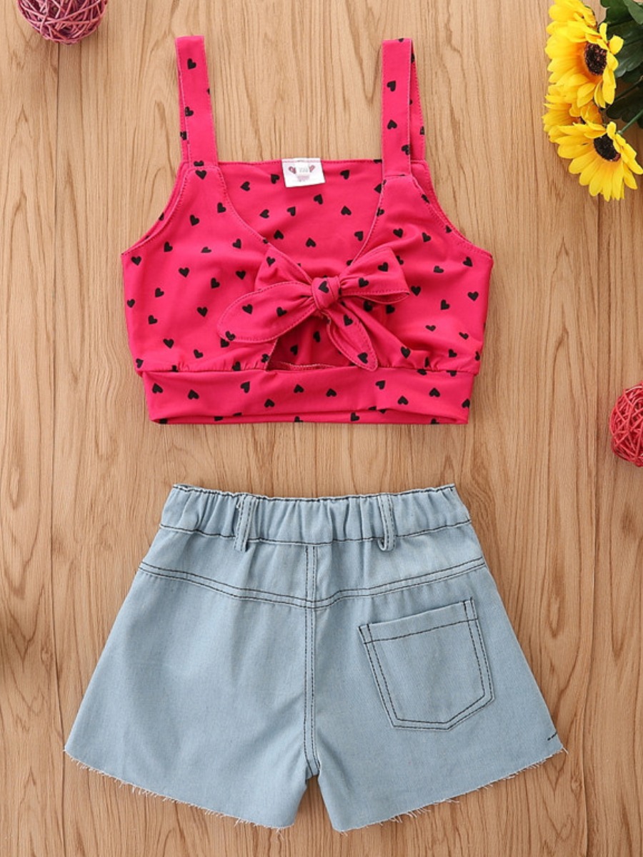 

Lovely Girl Sweet Dot Print Bow-tie Decoration Rose Red Two Piece Shorts Set