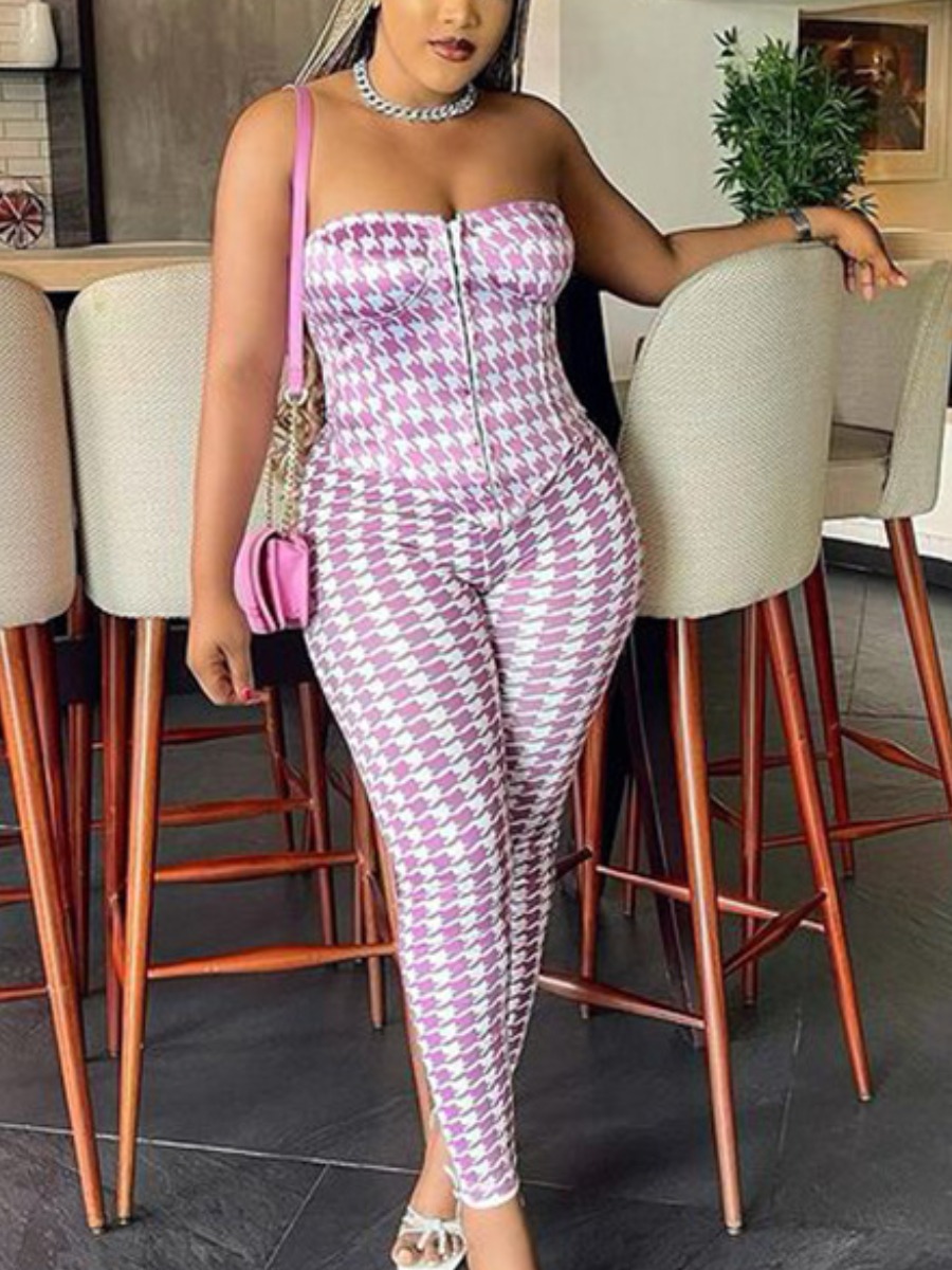 

Lovely Casual Off The Shoulder Plaid Print Purple One-piece Jumpsuit