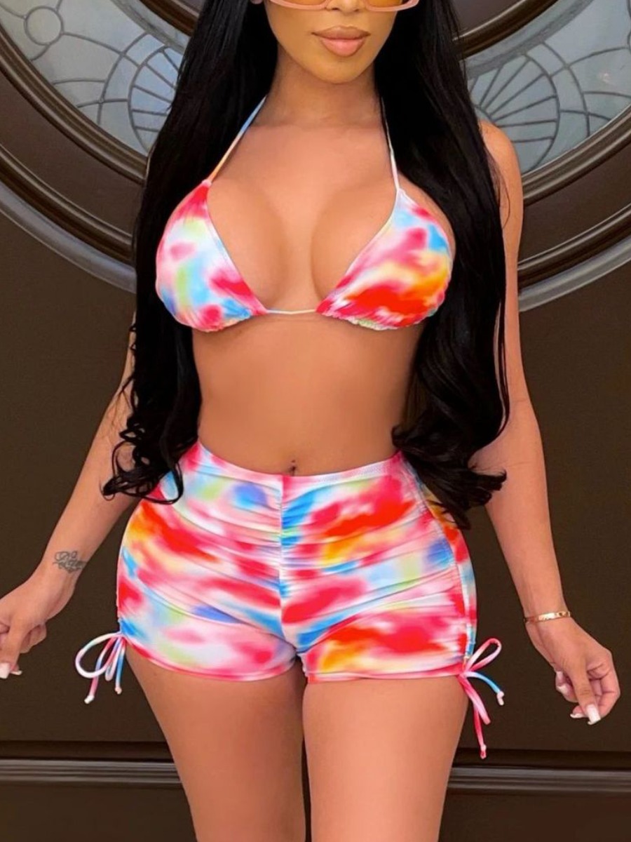

Lovely Sexy Tie Dye Drawstring Multicolor Two Piece Shorts Set, Multi