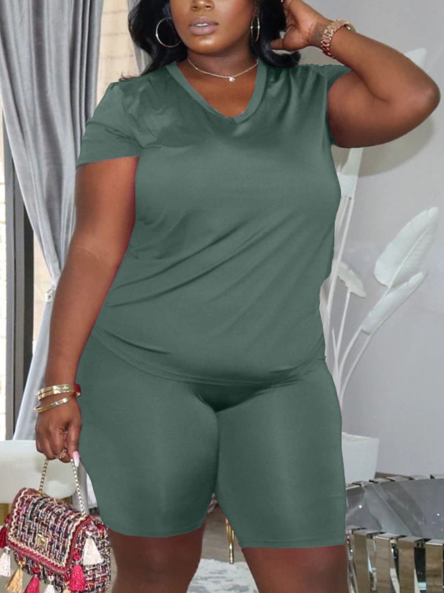 

Lovely Casual V Neck Elastic Green Plus Size Two-piece Shorts Set