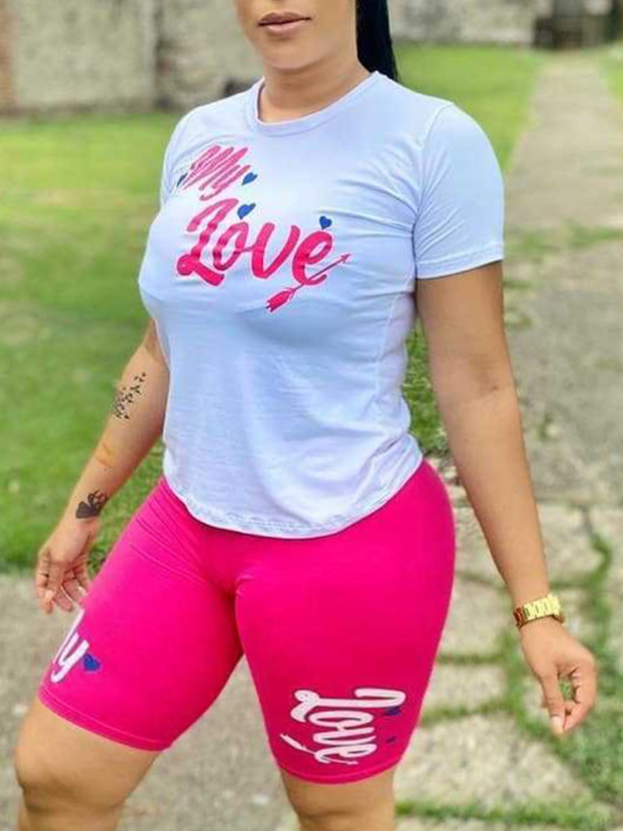 

Lovely Casual O Neck Letter Print Rose Red Plus Size Two-piece Shorts Set