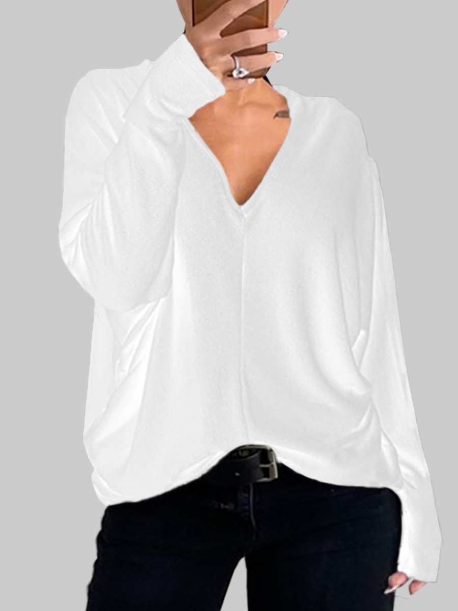 

Lovely Casual V Neck Loose White Plus Size T-shirt