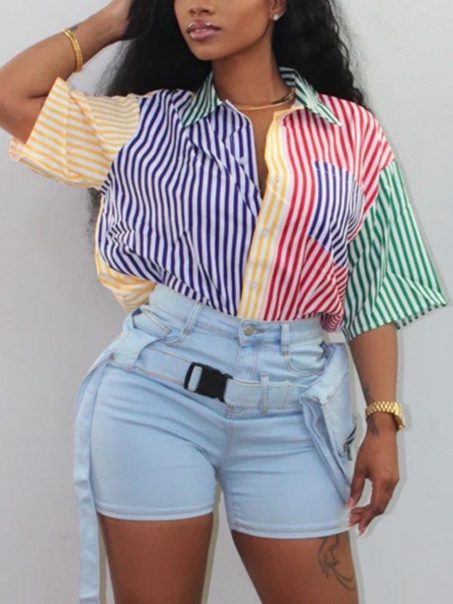 

Lovely Casual Striped Patchwork Multicolor Blouse, Multicolor stripe