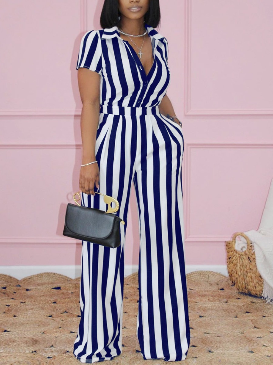 

Lovely Casual Turndown Collar Striped Blue One-piece Jumpsuit