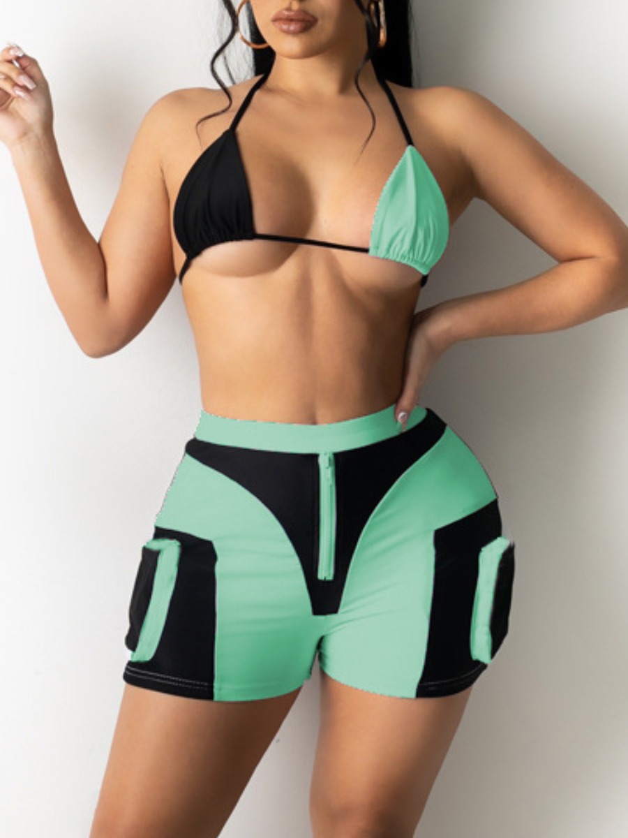 

Lovely Sexy Color-lump Patchwork Green Two Piece Shorts Set