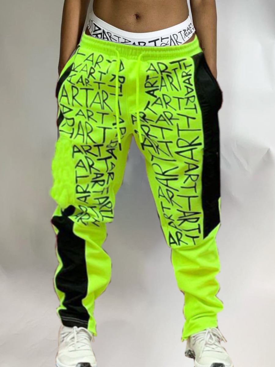 

Lovely Street Letter Print Drawstring Green Pants