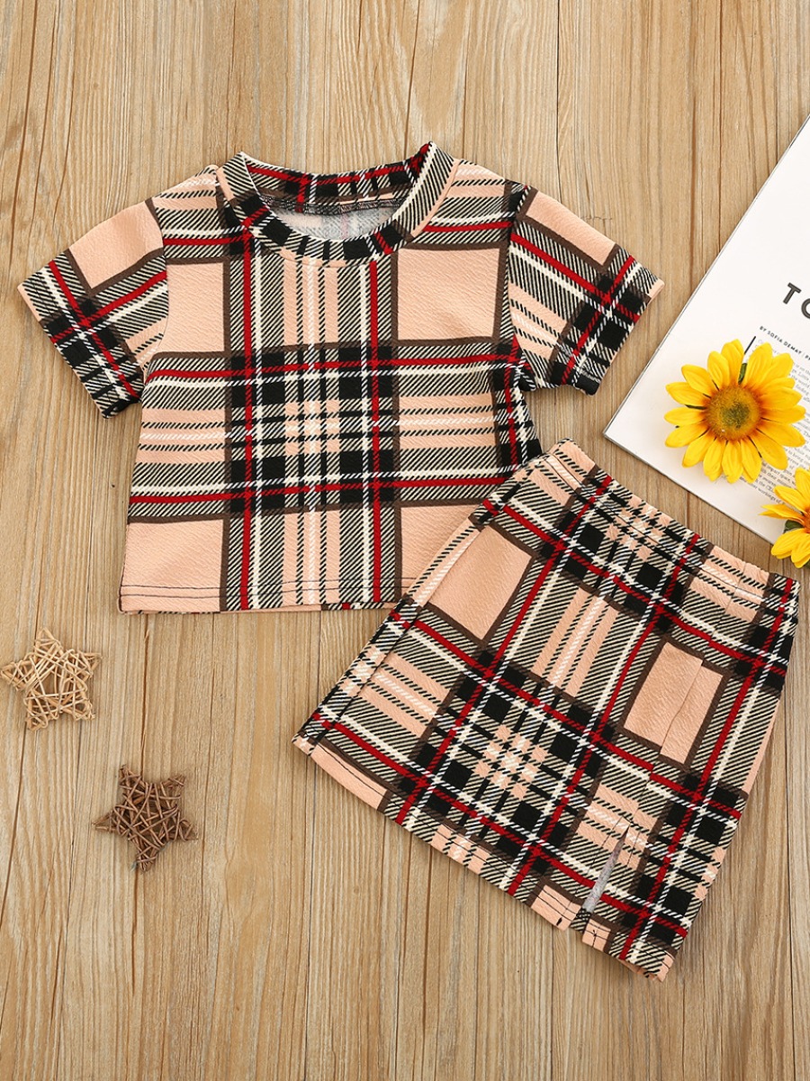 

Lovely Girl Casual O Neck Plaid Print Khaki Two Piece Skirt Set