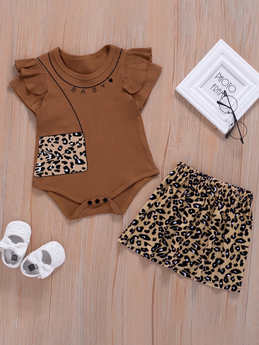 

Lovely Girl Casual Leopard Print Flounce Design Coffee Two Piece Skirt Set