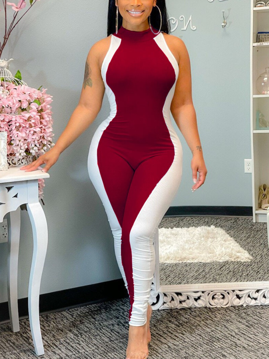 

Lovely Sporty O Neck Color-lump Wine Red One-piece Jumpsuit