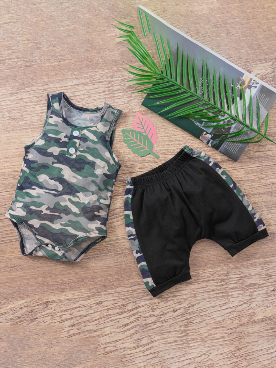 

Lovely Boy Casual O Neck Camo Print Black Two Piece Shorts Set