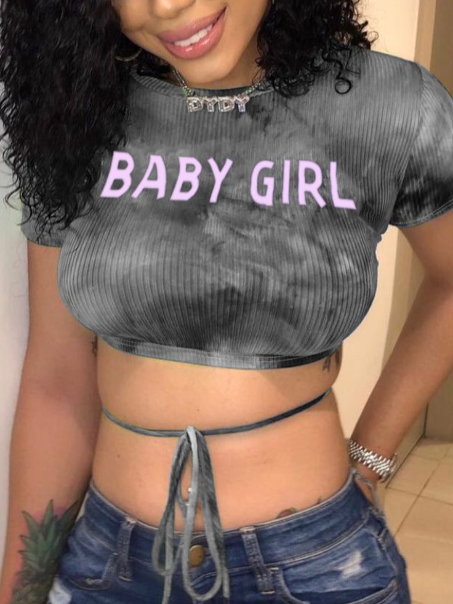 

Lovely Street Rib-Knit Letter Print Grey T-shirt