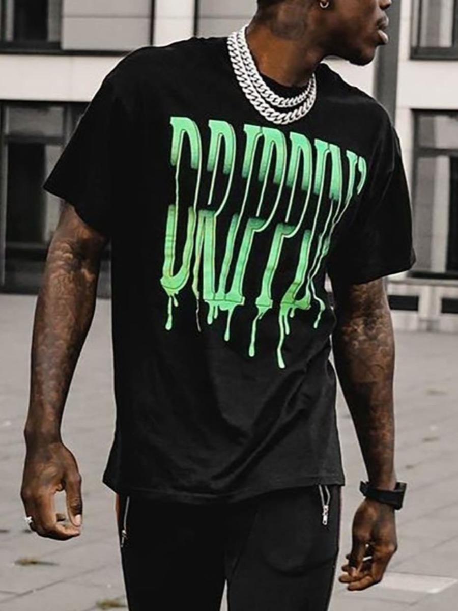 

LW Men Street O Neck Letter Print Black T-shirt