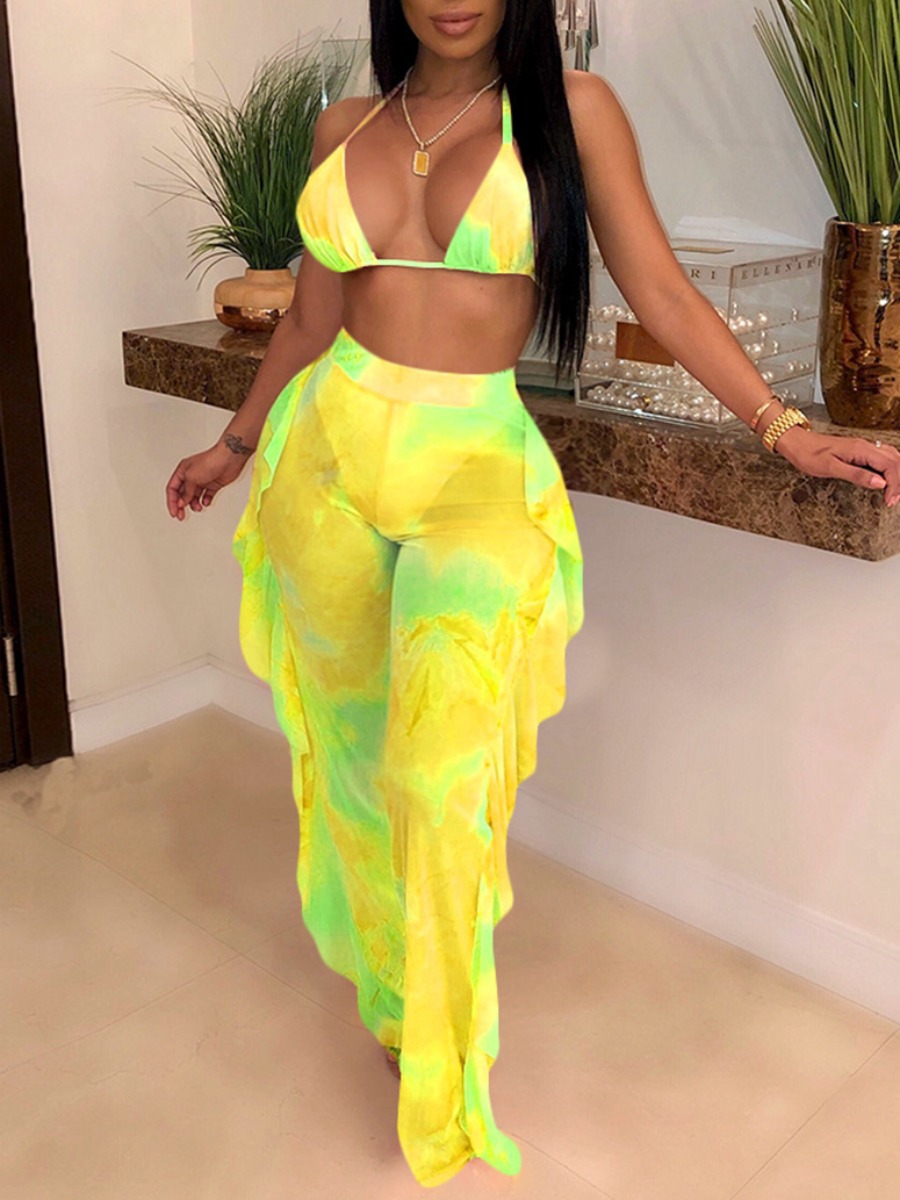 

Lovely Plus Size Boho Tie-dye Flounce Design Yellow Two-piece Swimsuit