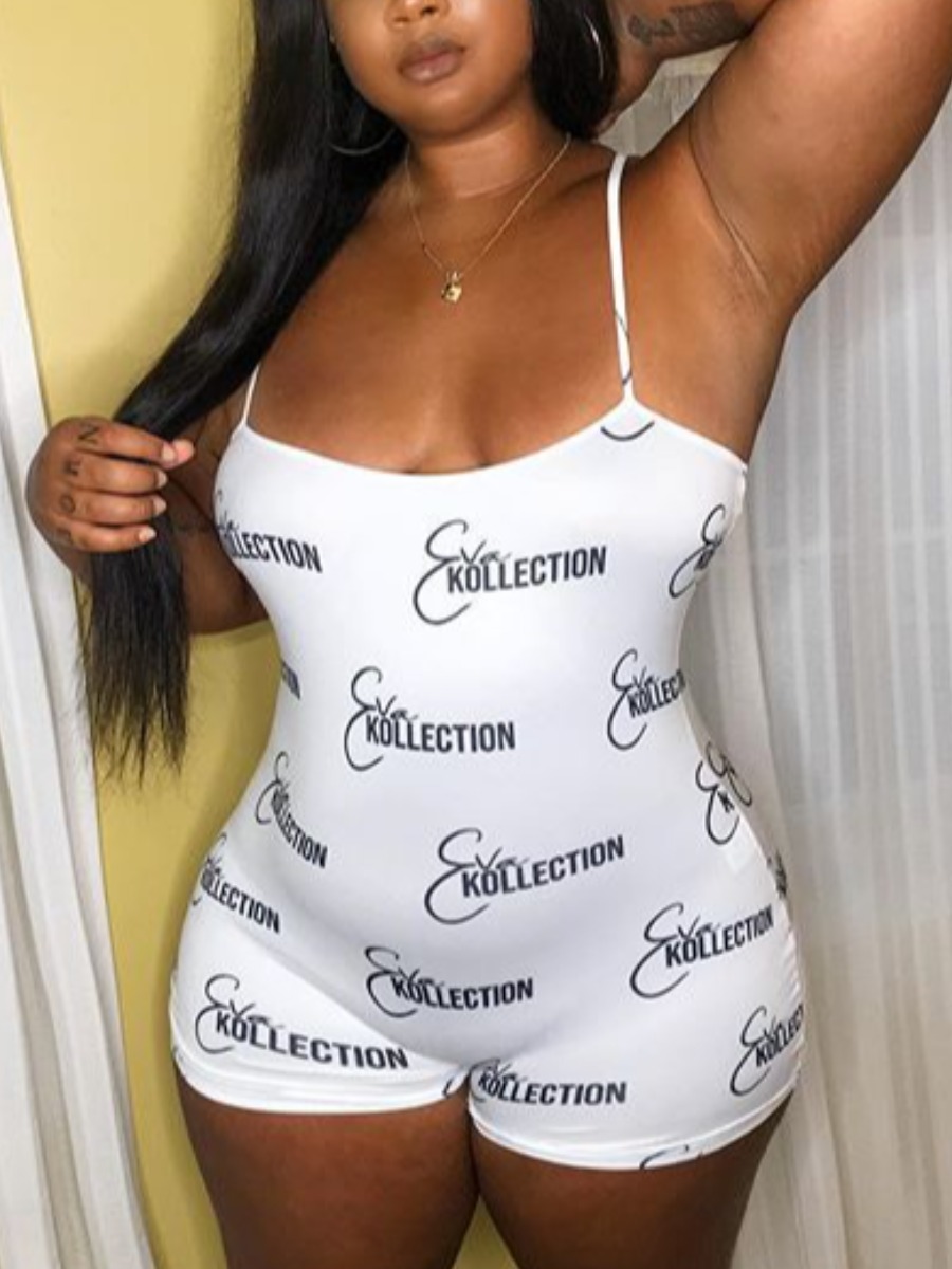 

Lovely Casual Letter Print Elastic White Plus Size One-piece Romper