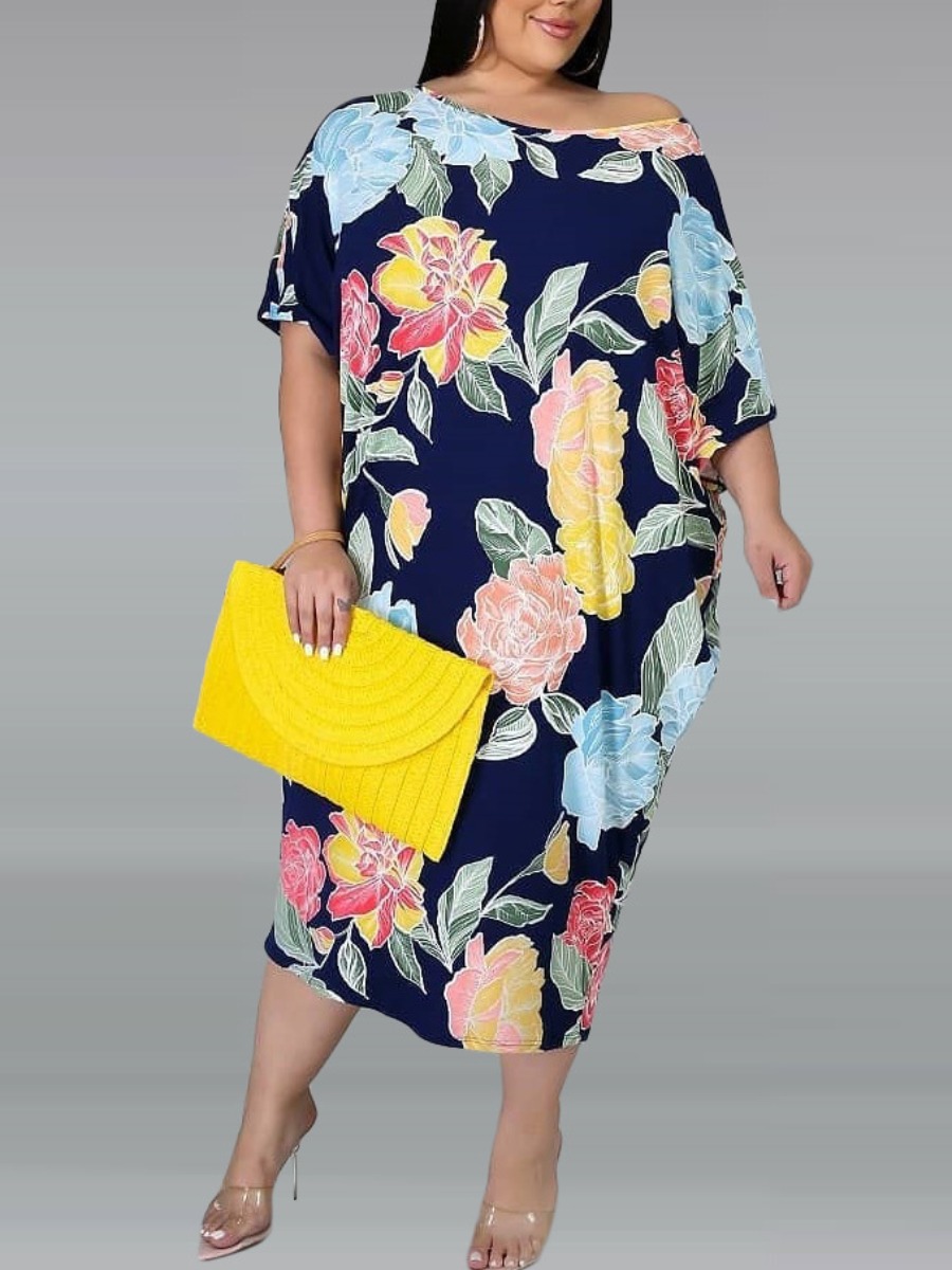 

Lovely Boho O Neck Floral Print Dark Blue Mid Calf Plus Size Dress