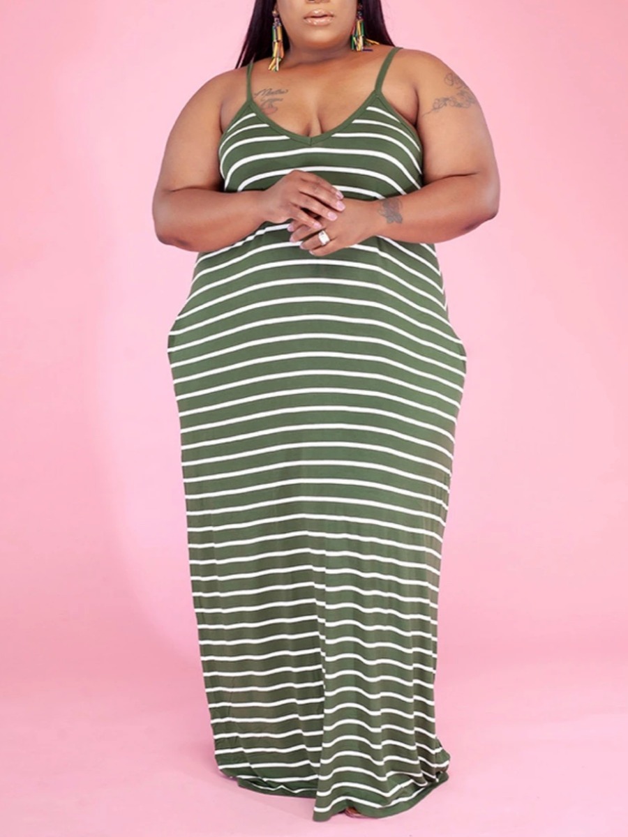 

Lovely Casual Striped Patchwork Green Floor Length Plus Size Dress