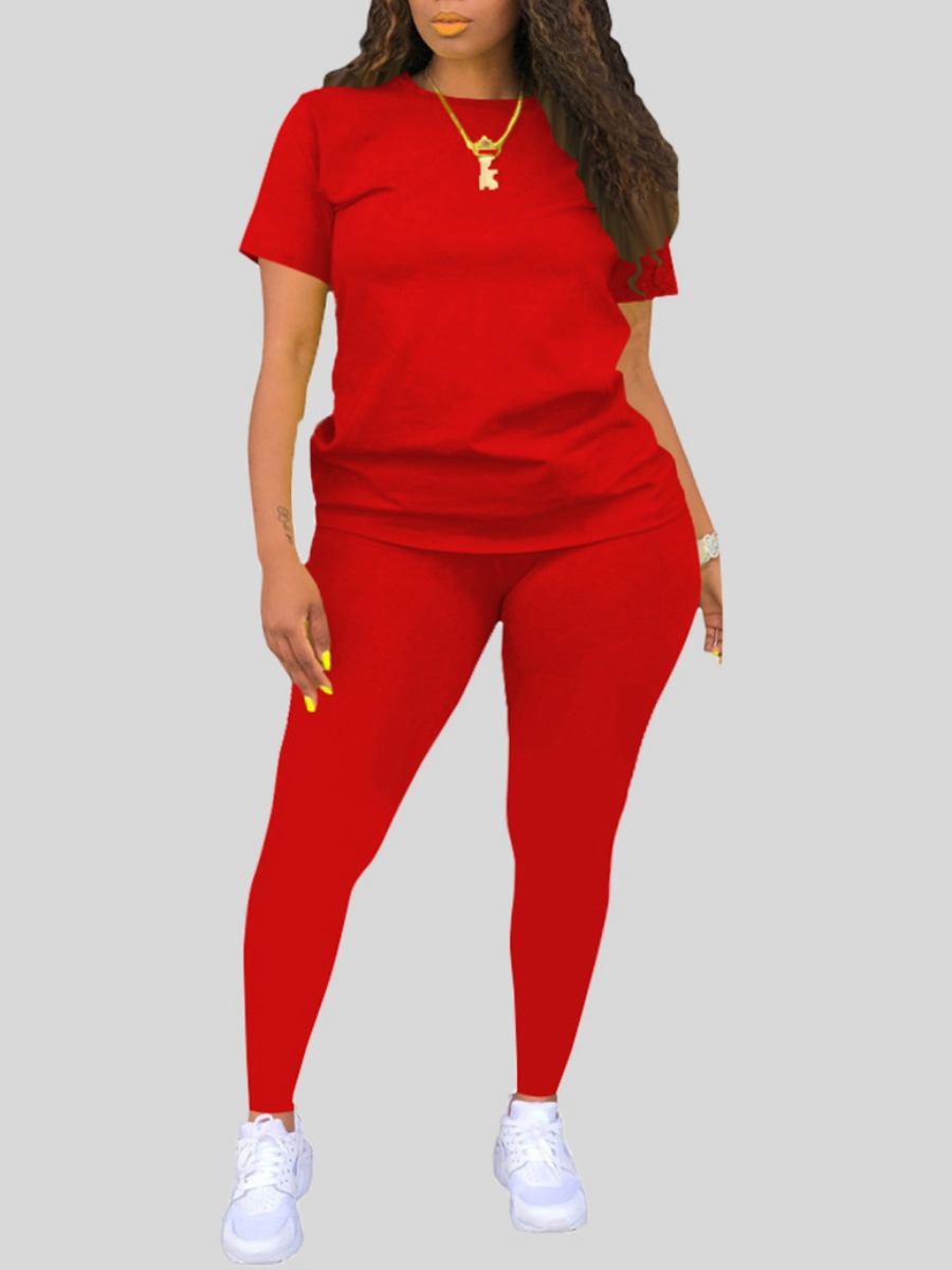 

LW Plus Size Casual O Neck Elastic Red Two-piece Pants Set