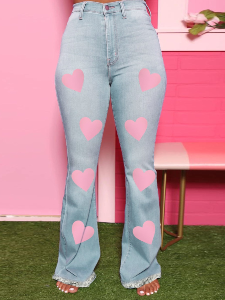 

Lovely Sweet Heart-shaped Print Flared Baby Blue Plus Size Jeans