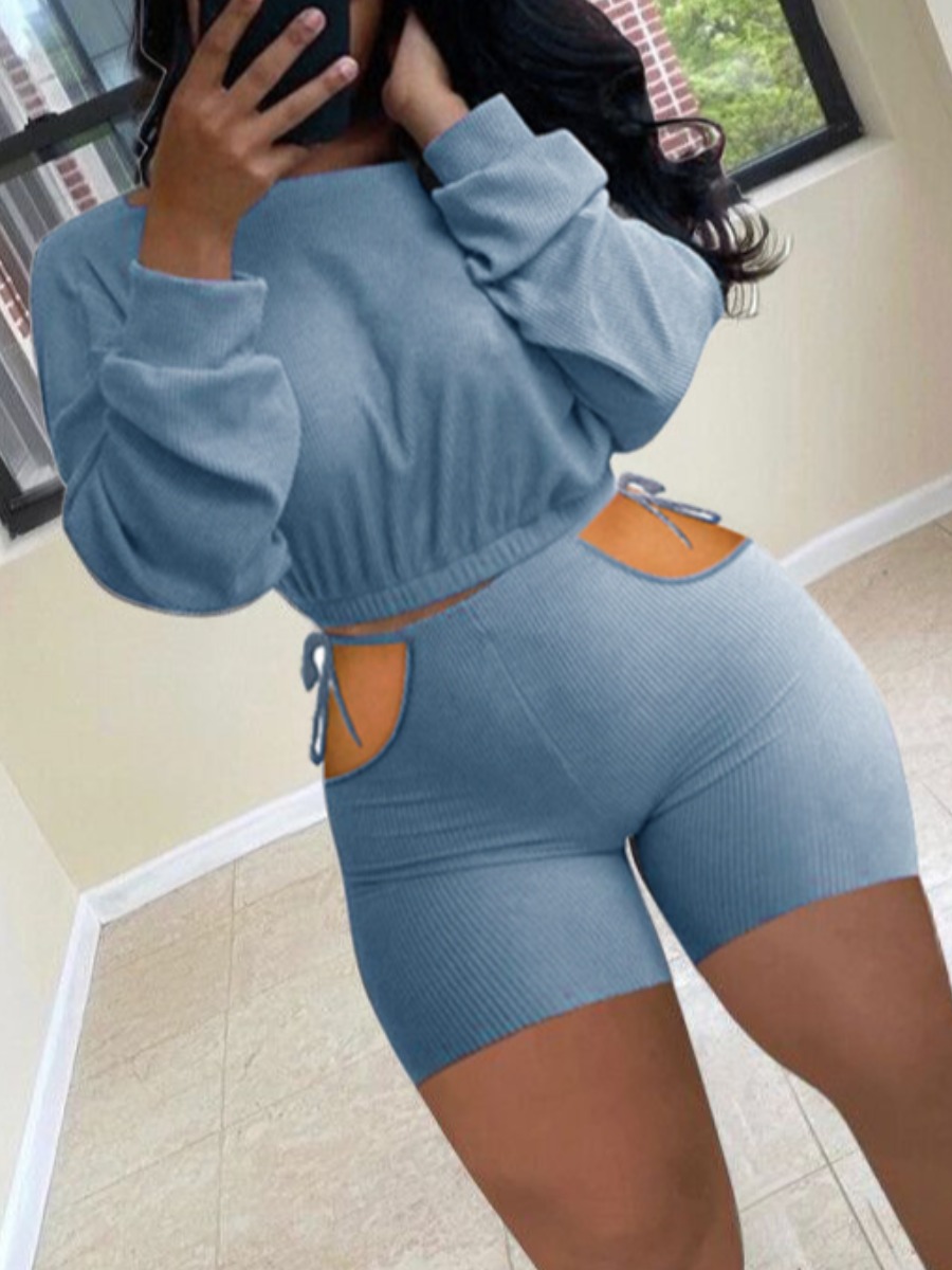

LW Casual O Neck Bandage Hollow-out Design Baby Blue Two Piece Shorts Set