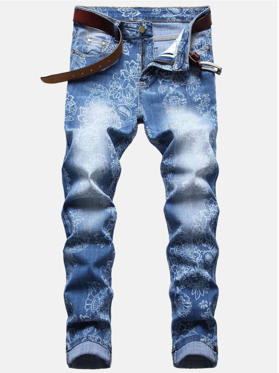 

Lovely Men Casual Mid Waist Floral Print Blue Jeans