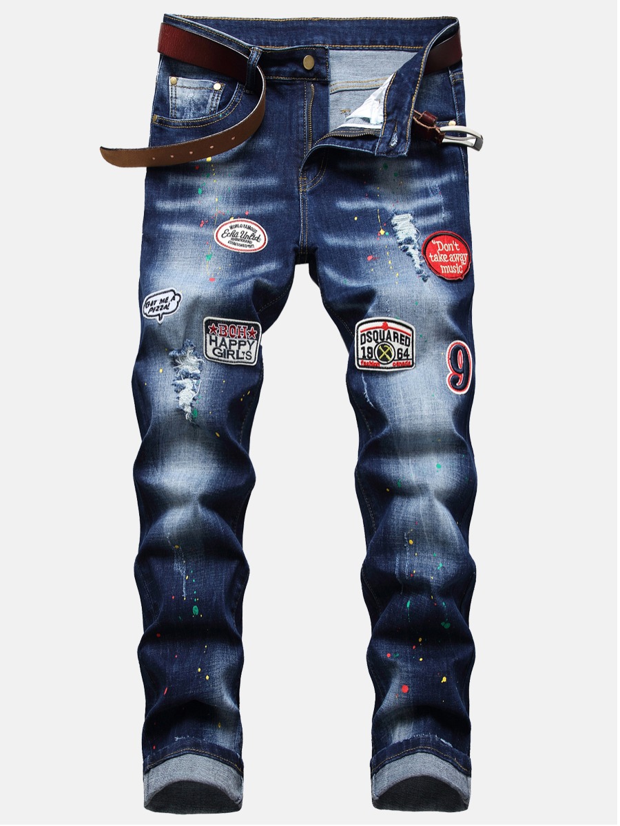 

Lovely Men Street Splash Ink Print Ripped Deep Blue Jeans
