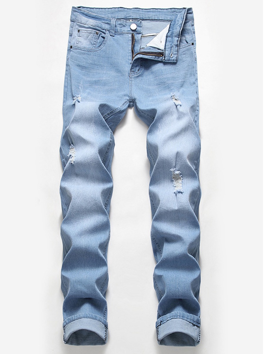 

Lovely Men Casual Mid Waist Ripped Baby Blue Jeans