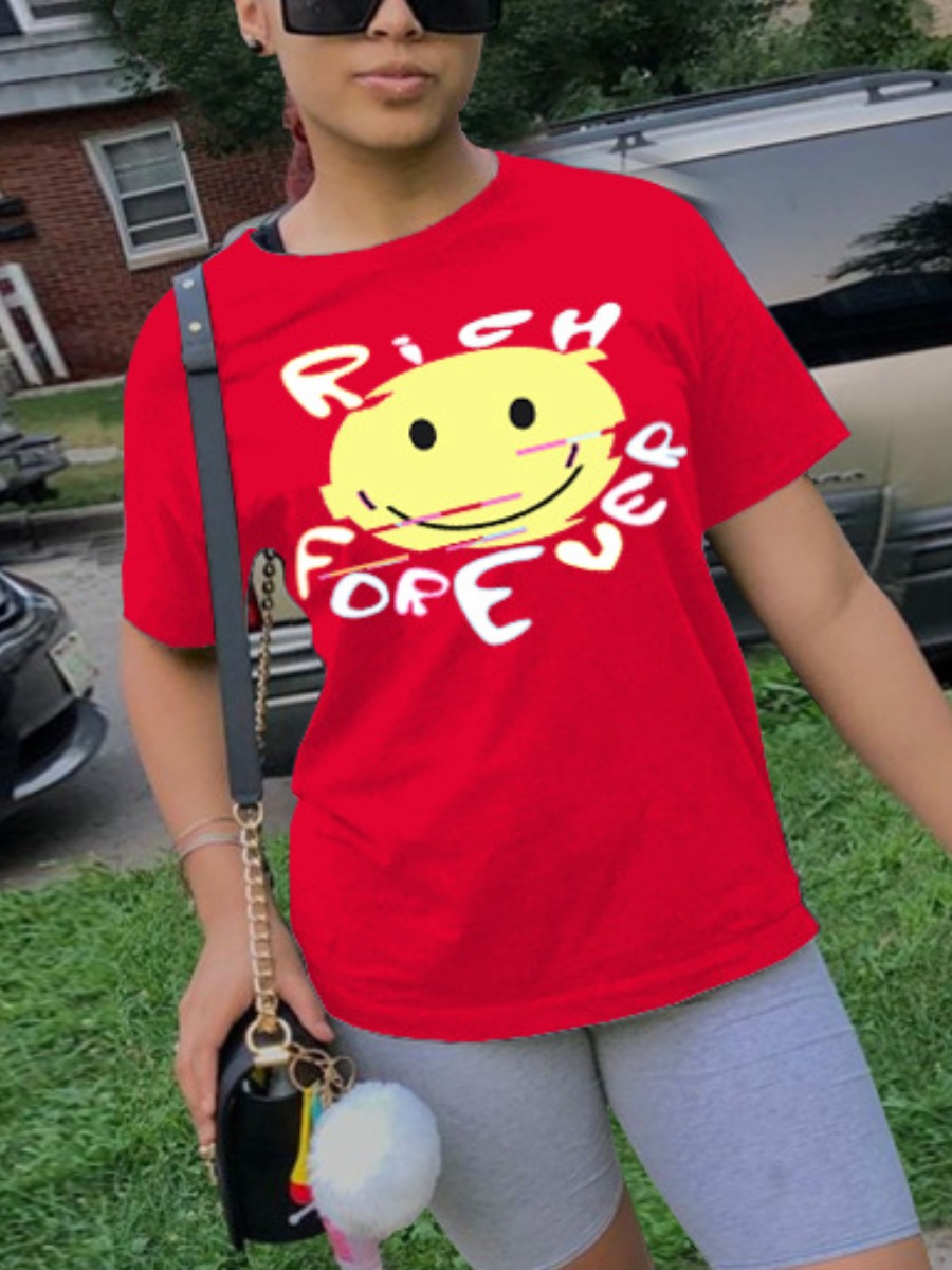 

Lovely Casual Smiley Face Letter Print Red T-shirt