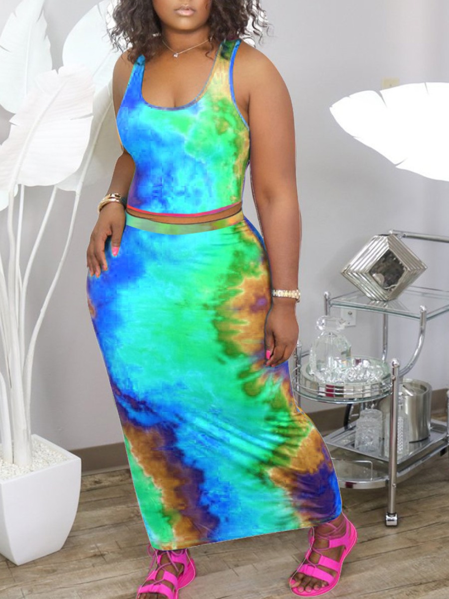 

LW Street U Neck Tie Dye Blue Two Piece Skirt Set