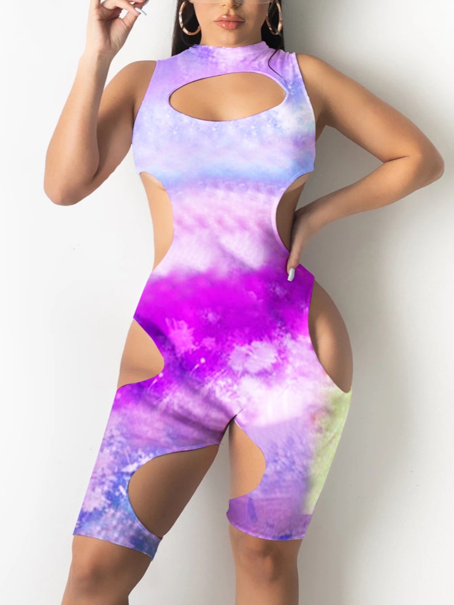 

LW Street Tie-dye Hollow-out Purple One-piece Romper