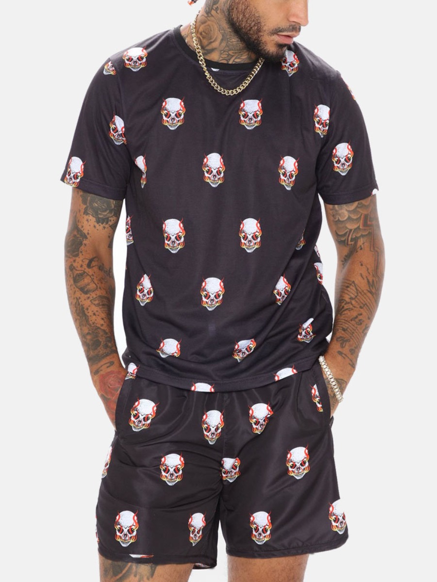 

Lovely Men Street O Neck Skull Head Print Black Two Piece Shorts Set