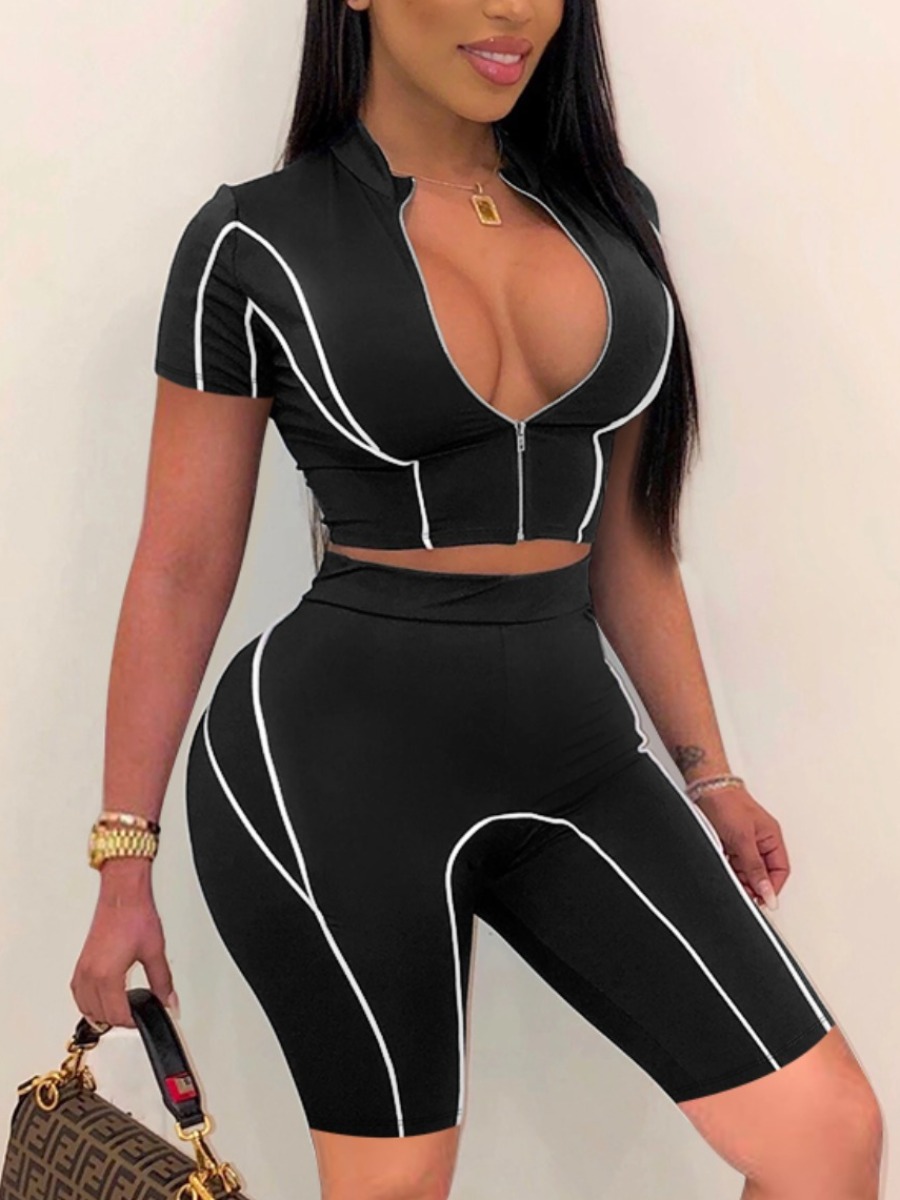 

LW Sporty Zipper Design Striped Carbon Black Two Piece Shorts Set