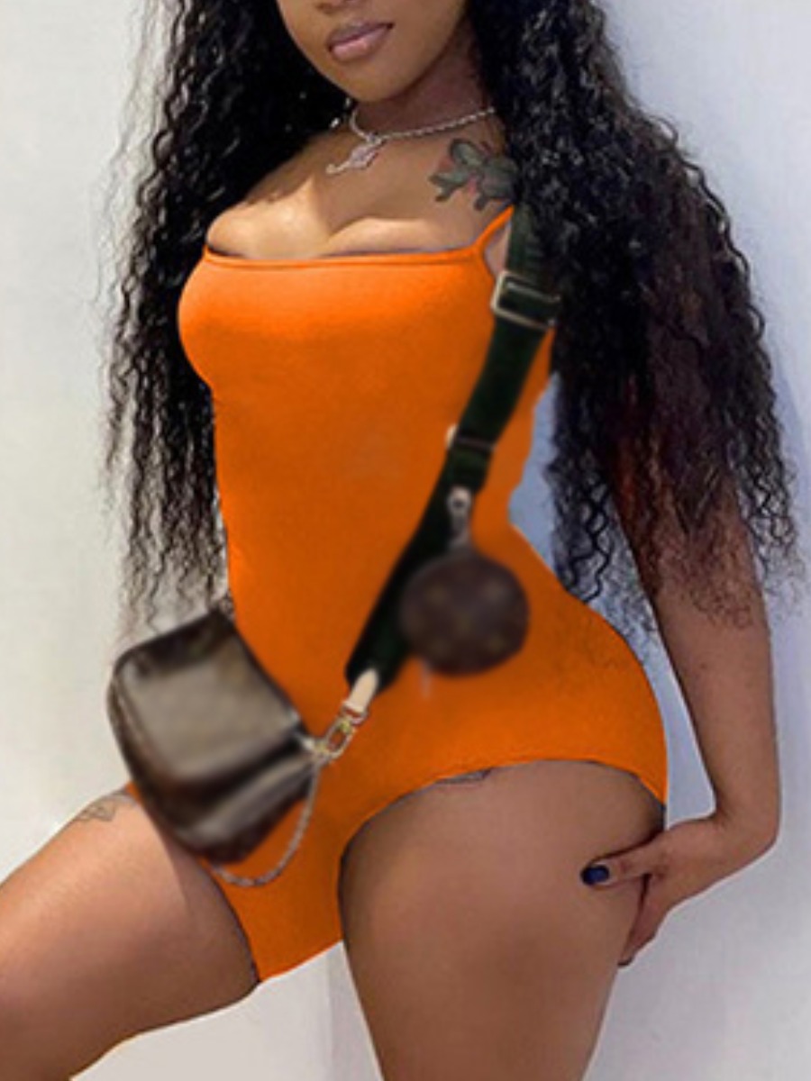 

Lovely Sporty Spaghetti Strap Basic Skinny Orange One-piece Romper