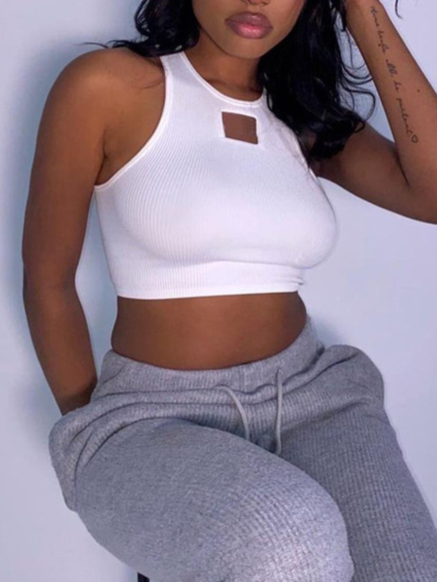 

Lovely Casual Rib-Knit Hollow-out White Camisole